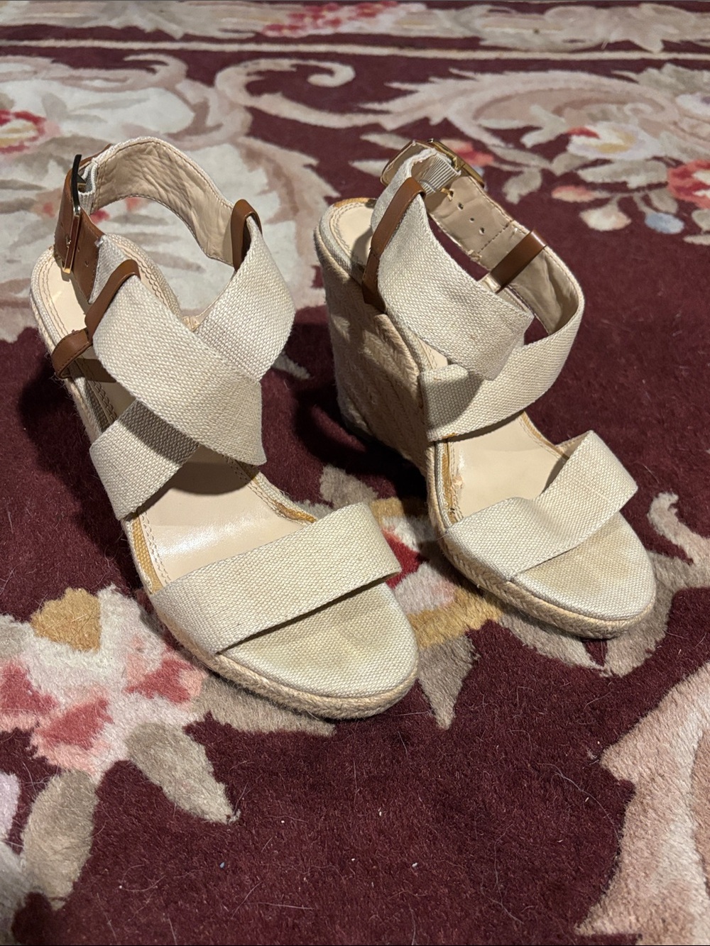 Banana Republic Beige Canvas Espadrille Wedge Sandals with Ankle Strap